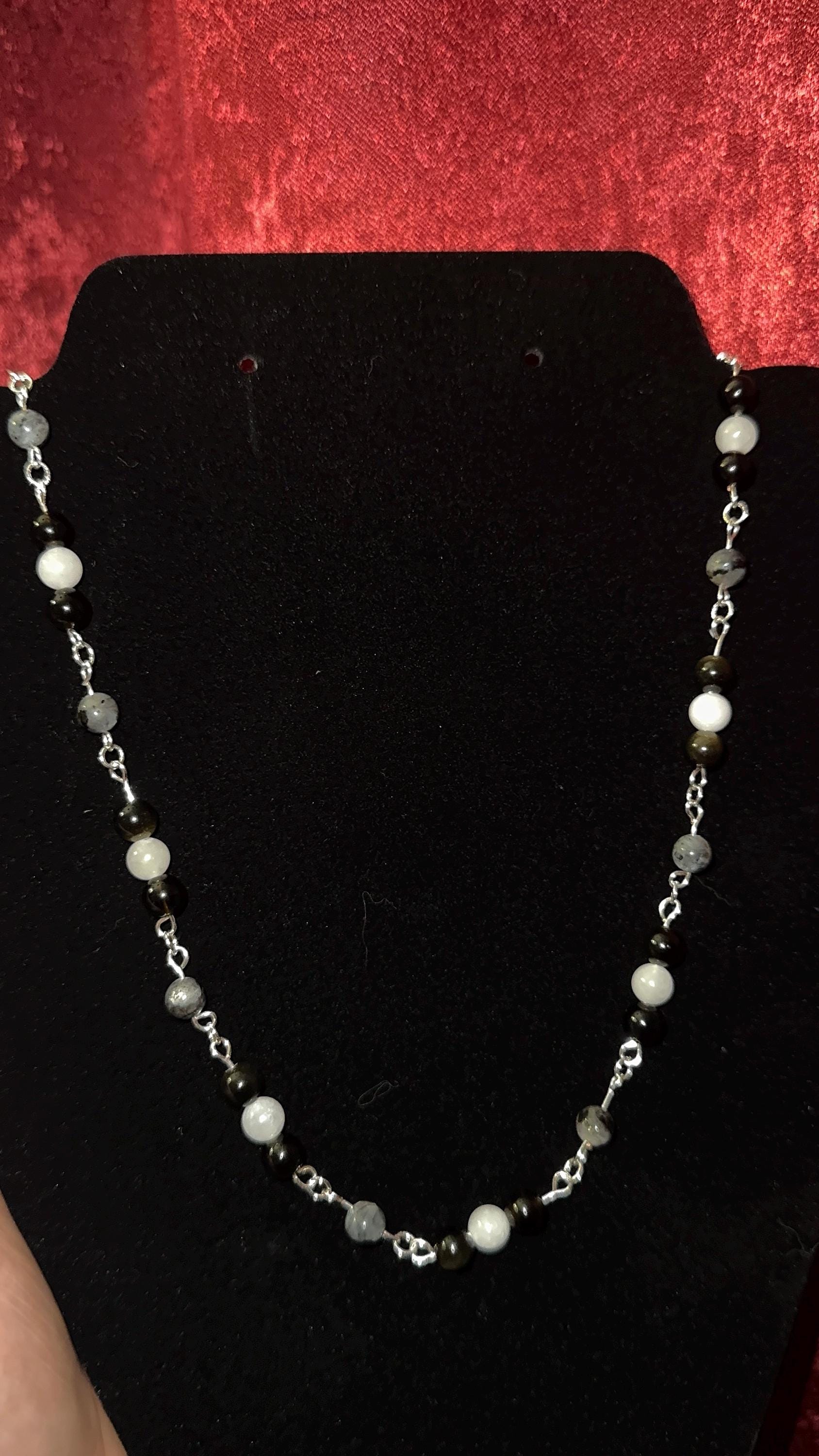 Natural Obsidian, White Jade, Labradorite Necklace, Handmade Crystal Jewelry, Protection, Abundance